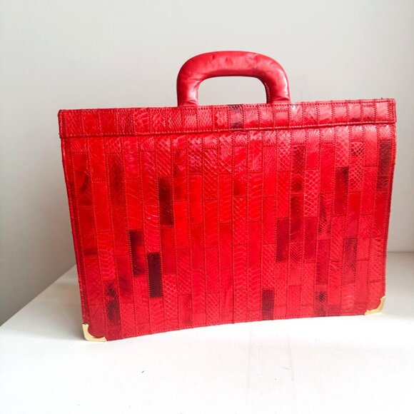 Vintage Amiet Patchwork Snakeskin Bright Red Briefcase Office Document Case - Picture 2 of 8
